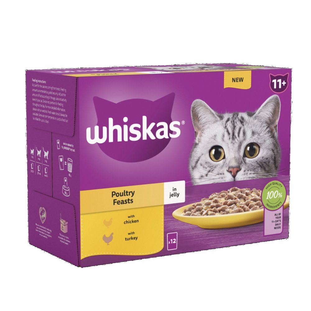 WHISKAS 11+ Poultry Feasts Senior Wet Cat Food Pouch In Jelly 12 X 85g ...